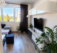 Prenájom: moderný 2-izbový byt s balkónom, Čadca SNP - Obývacia izba so pohovkou, stolom a televízorom, s podlahou s dreveným dekorom.