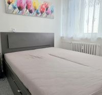  PRIESTRANNÝ 2i byt, BLUMENTÁL, CENTRUM, LOGGIA, Wilsonova ulica - Spálňa v 2-izbovom byte so sivou posteľou, obrazom a nočným stolíkom.