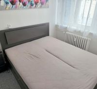  PRIESTRANNÝ 2i byt, BLUMENTÁL, CENTRUM, LOGGIA, Wilsonova ulica - Spálňa v 2-izbovom byte s manželskou posteľou, nočným stolíkom a obrázkom na stene.