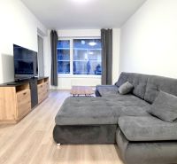 U NÁS !!! MODERNÝ 2i,NOVOSTAVBA, LOGGIA, Slnečnice UNIQ, Fialova ulica - Obývačka v 2-izbovom byte so sedačkou, TV a podlahou s dreveným dekorom.