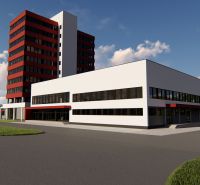 FORVIN TOWER - Predaj administratívnej budovy, Veľký Krtíš - Budova na ulici s logom leva, Zvláštne nehnuteľnosti, trávnik, modrá obloha.