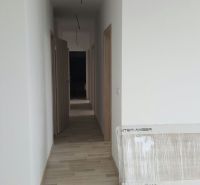 4 izbový byt 150 m2 novostavba Petržalka v Slnečniciach  s terasou, 2x - Chodba v 4-izbovom byte s podlahou s dreveným dekorom a neosadenými svietidlami.