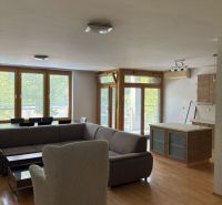 4 izbový byt 120 m2 Ružová dolina, Ružinov, 1x podzemné´parkovanie - Obývacia izba so sedačkou a kreslom, podlaha s dreveným dekorom, 4-izbový byt.