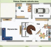 PREDAJ NADŠTANDARDNÝ 7-IZBOVÝ RODINNÝ DOM, WELLNESS, ZÁHRADA - Pôdorys prízemia rodinného domu obsahuje izbu, garáž, kúpeľňu a kuchyňu s jedálňou.