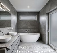 Moderná novostavba v Leviciach – bývajte komfortne / Predaj - Kúpeľňa v rodinnom dome s vaňou, umývadlami a sivými obkladmi.
