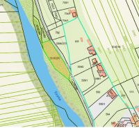 Pozemok 1160m2, Nižná Hutka, ul. Záhradkárská - Mapa pozemkov so zahradkárskou oblasťou pri rieke Torysa v obci Nižná Hutka.