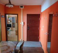 Prenájom 2 izbový byt Poprad - loggia - Chodba v 2-izbovom byte s oranžovými stenami a podlahou s dreveným dekorom.