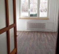 Na predaj priestranný 2-izbový byt 56m2– Košice, Lomená ulica - Interiér 2-izbového bytu s podlahou s dreveným dekorom a veľkým oknom.