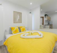 Moderný apartmán v centre Rajeckých Teplíc rovno oproti kúpeľom Afrodi - Rekreačný apartmán s posteľou, žltým prehozom a kuchynkou; podlaha s dreveným dekorom.