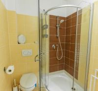 Moderný apartmán v centre Rajeckých Teplíc rovno oproti kúpeľom Afrodi - Kúpeľňa v Rekreačnom apartmáne s oblou sprchou a béžovým obkladom.