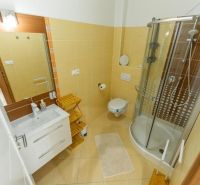 Moderný apartmán v centre Rajeckých Teplíc rovno oproti kúpeľom Afrodi - Kúpeľňa v Rekreačnom apartmáne s rohovo umiestneným sprchovacím kútom a umývadlom.