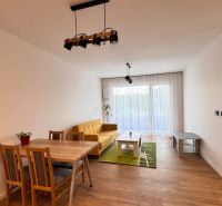 Prenájom nový 2-izbový byt -49m² Žilina-Vlčince, EUROTERRACE - Obývačka v 2-izbovom byte s pohovkou, podlahou s dreveným dekorom a jedálenským stolom.