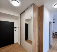 Prenájom nový 2-izbový byt -49m² Žilina-Vlčince, EUROTERRACE - Predsieň so zrkadlovou skriňou a podlahou s dreveným dekorom v 2-izbovom byte.