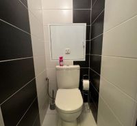 Prenájom 1,5-izbového bytu – Nitra, Jelenecká ulica - Kúpeľňa v 1-izbovom byte s čierno-bielym obkladom a toaletou.
