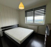Prenájom 1,5-izbového bytu – Nitra, Jelenecká ulica - Spálňa v 1-izbovom byte s podlahou s dreveným dekorom a pohľadom na mesto.