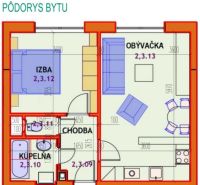 Prenájom 1,5-izbového bytu – Nitra, Jelenecká ulica - Pôdorys 1-izbového bytu s priestrannou obývačkou a samostatnou izbou.