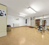 KARLOVA VES- Vila s investičným potenciálom a tromi samostatnými bytmi - Posilňovňa s cvičebnými strojmi a dekoratívnym obrazom v rodinnom dome, podlaha s dreveným dekorom.