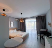 Moderná garsónka (41 m²) s výhľadom na bazén – Rezort ANTARES - Garsónka s manželskou posteľou, stolom a stoličkami, podlaha s dreveným dekorom.