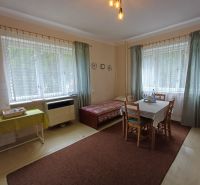 Pekný rodinný s nádherným výhladom. - Izba v rodinnom dome s oknami a záclonami, zariadená stolom a stoličkami.