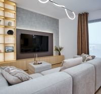 NA PRENÁJOM Luxusný 2+KK, NOVOSTAVBA, Košice- Západ - Obývačka v 2-izbovom byte s televíziou, policovou stenou a pohovkou, podlaha s dreveným dekorom.