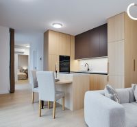NA PRENÁJOM Luxusný 2+KK, NOVOSTAVBA, Košice- Západ - Interiér 2-izbového bytu s kuchyňou, pohovkou a podlahou s dreveným dekorom.