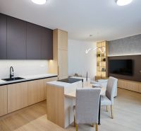 NA PRENÁJOM Luxusný 2+KK, NOVOSTAVBA, Košice- Západ - Kombinácia kuchyne a obývačky v 2-izbovom byte s podlahou s dreveným dekorom.