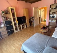 Na predaj starší rodinný dom v obci Budmerice 541m2 - Obývacia izba rodinného domu s dreveným stropom, rúžovými stenami, pohovkou a nábytkom.