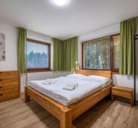Predaj! Rekreačný apartmán pod Tatrami – Dovalovo - Spálňa v 1-izbovom byte s dvomi posteľami a podlahou s dreveným dekorom.