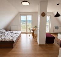 Prenájom, Apartmán v meste Krupina - Svetlá izba s podlahou s dreveným dekorom, sedačkou a jedálenským stolom v 2-izbovom byte.