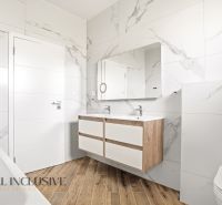 DVE NÍZKO ENERGETICKÉ NOVOSTAVBY | MALÝ LAPÁŠ | NITRA - Kúpeľňa v rodinnom dome s dvojitým umývadlom a podlahou s dreveným dekorom.