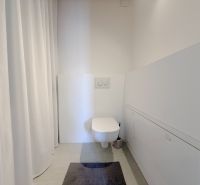 Rodinný dom s krásnym pozemkom, Jablonové - Toaleta s umývadlom, bielymi stenami a závesom v rodinnom dome.