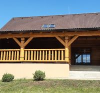 Výnimočná zrubová chata na predaj, Čechy, okr. Nové Zámky - Drevená chata na ulici v Čechách s verandou a zelenou záhradou.