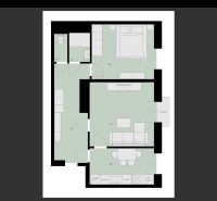 Prenájom 2 izb. bytu Račianske mýto, Bratislava - Pôdorys 2-izbového bytu s balkónom, obývačkou a kuchyňou.