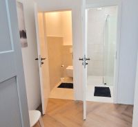 Prenájom 2 izb. bytu Račianske mýto, Bratislava - Kúpeľňa a WC v 2-izbovom byte s podlahou s dreveným dekorom.