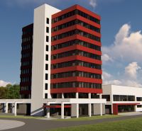 FORVIN TOWER - Prenájom ubytovacích priestorov - Výšková budova so sklenenými oknami a červenými fasádami v ulici Liaz, Veľký Krtíš.