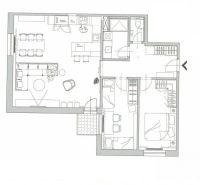 3 izbový byt  75 m2, balkón, novostavba na predaj, Podborová, Zvolen - Pôdorys 3-izbového bytu so zariadením, kuchyňou a kúpeľňou, vhodný pre realitné účely.