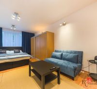 Zariadený 1i apartmán s balkónom na Hradnom kopci - 1-izbový byt s gaučom, posteľou, skriňou a podlahou s dreveným dekorom.