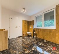 Zariadený 1i apartmán s balkónom na Hradnom kopci - Kúpeľňa s mramorovou podlahou a dreveným dekorom v 1-izbovom byte.