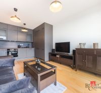 Elegantný 2i byt s lodžiou a výhľadom na Dunaj vo Vydrici - Obývačka s kuchynským kútom, podlaha s dreveným dekorom, nábytok tmavej farby.
