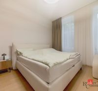 Priestranný petfriendly 2i byt v Starom Meste - Spálňa s posteľou, nočným stolíkom, svetlými závesmi a podlahou s dreveným dekorom v 2-izbovom byte.
