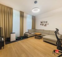 Priestranný petfriendly 2i byt v Starom Meste - Obývacia izba v 2-izbovom byte s pohovkou a podlahou s dreveným dekorom.