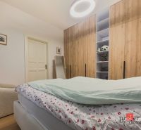 Priestranný petfriendly 2i byt v Starom Meste - Spálňa s veľkou skriňou, posteľou a podlahou s dreveným dekorom v 2-izbovom byte.