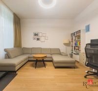 Priestranný petfriendly 2i byt v Starom Meste - Obývacia izba v 2-izbovom byte s pohovkou, stolíkom a podlahou s dreveným dekorom.