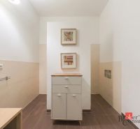 Priestranný petfriendly 2i byt v Starom Meste - Kúpeľňa v 2-izbovom byte s hnedou dlažbou, skrinkou a abstraktnými obrazmi.