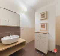 Priestranný petfriendly 2i byt v Starom Meste - Kúpeľňa v 2-izbovom byte s umývadlom, skrinkou a dekoračnými obrazmi.