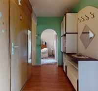 NA PREDAJ 3 IZBOVÝ BYT NA ZAČIATKU VII. SÍDLISKA, UL. PALATÍNOVA - Chodba v 3-izbovom byte s podlahou s dreveným dekorom a vešiakmi na stene.