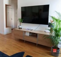 Moderný 2i apartmán v novostavbe v Starom Meste - Obývacia izba v 2-izbovom byte s podlahou s dreveným dekorom, televízorom a rastlinami.