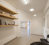 Prenájom 148,25 m² showroom, predajňa | Zlatovce - Svetlý interiér obchodných priestorov s regálom v rohu a jednoduchým osvetlením.