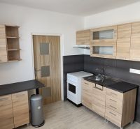 1 izbový byt s balkónom na prenájom  - Kuchyňa v 1-izbovom byte s drevenými skrinkami a spotrebičmi.