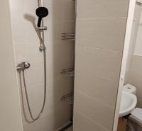 1 izbový byt s balkónom na prenájom  - Sprchový kút v kúpeľni 1-izbového bytu s bielymi obkladmi a sprchovou hlavicou.